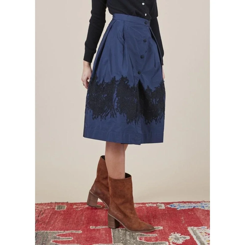 Sara Roka Skirt Womens 42 Navy Black‎ Enny Embroidered Midi Made Italy Pockets